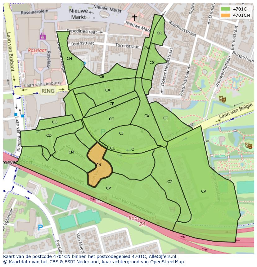 Afbeelding van het postcodegebied 4701 CN op de kaart.