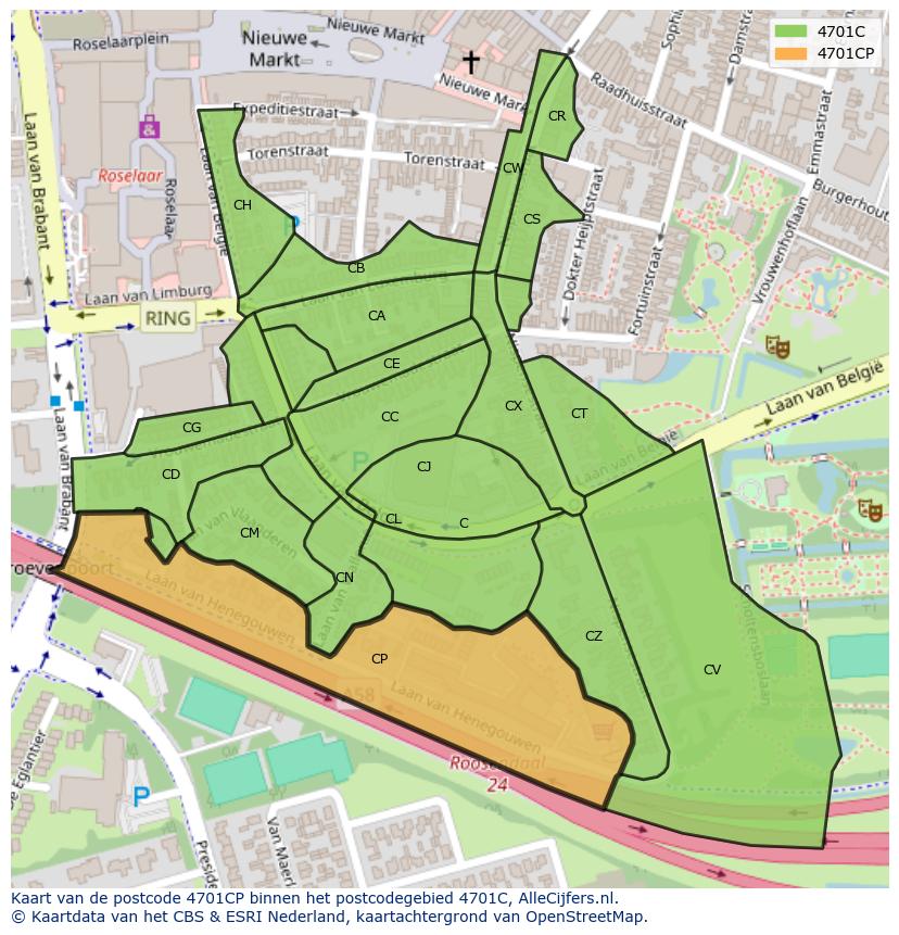 Afbeelding van het postcodegebied 4701 CP op de kaart.