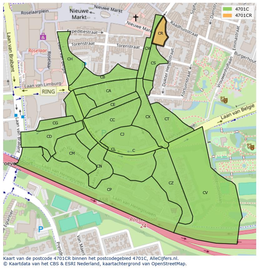 Afbeelding van het postcodegebied 4701 CR op de kaart.