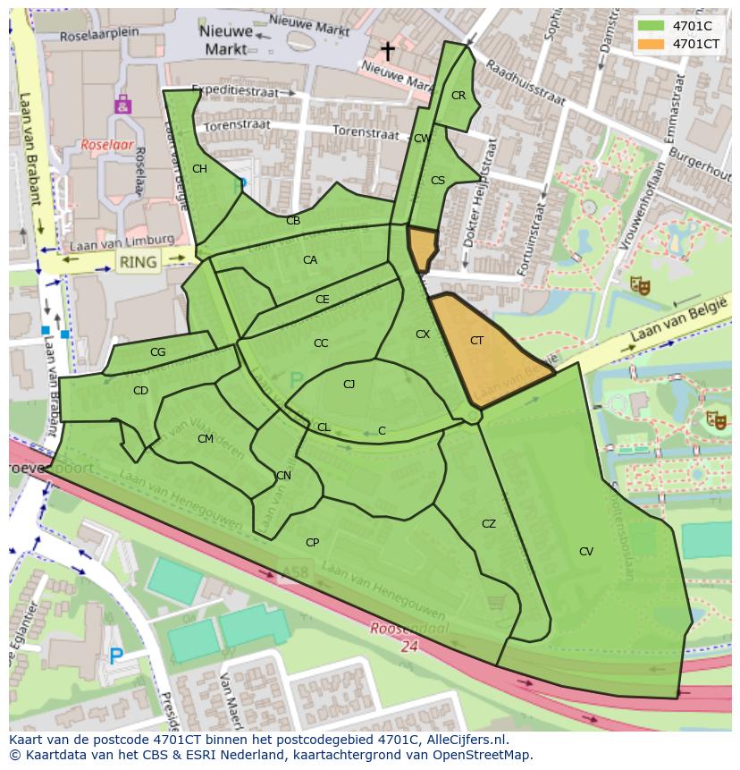 Afbeelding van het postcodegebied 4701 CT op de kaart.