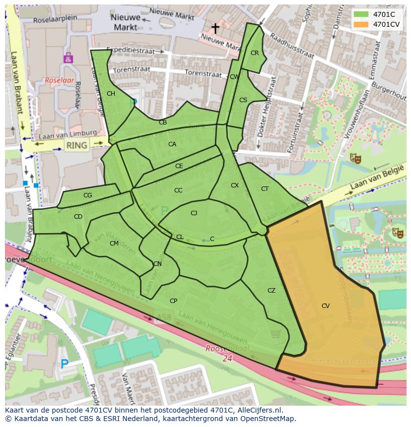 Afbeelding van het postcodegebied 4701 CV op de kaart.