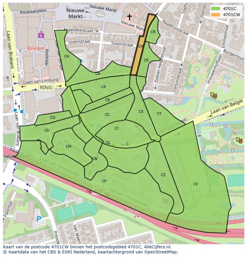 Afbeelding van het postcodegebied 4701 CW op de kaart.