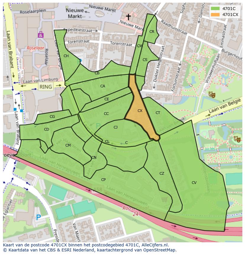 Afbeelding van het postcodegebied 4701 CX op de kaart.