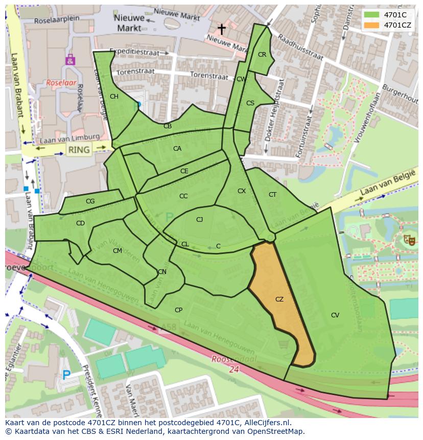Afbeelding van het postcodegebied 4701 CZ op de kaart.