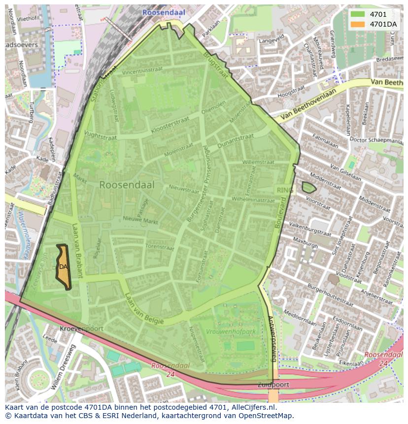 Afbeelding van het postcodegebied 4701 DA op de kaart.