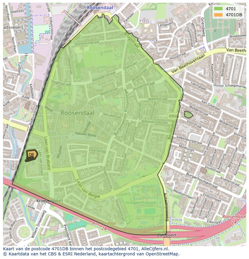 Afbeelding van het postcodegebied 4701 DB op de kaart.