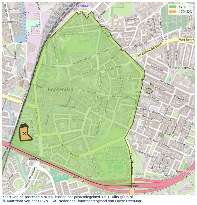 Afbeelding van het postcodegebied 4701 DC op de kaart.