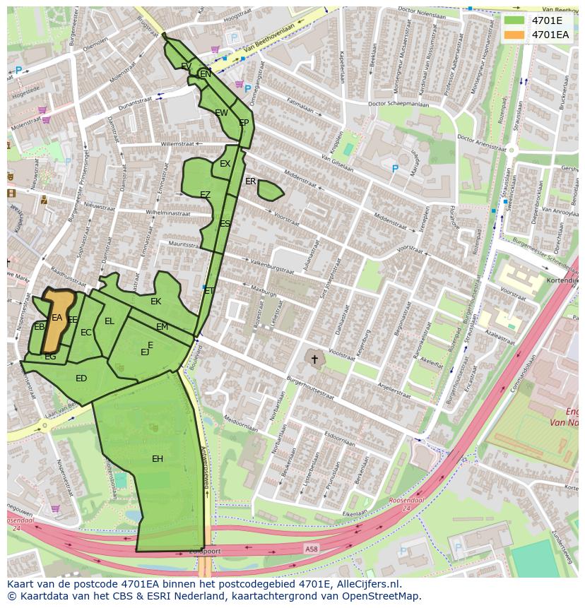 Afbeelding van het postcodegebied 4701 EA op de kaart.