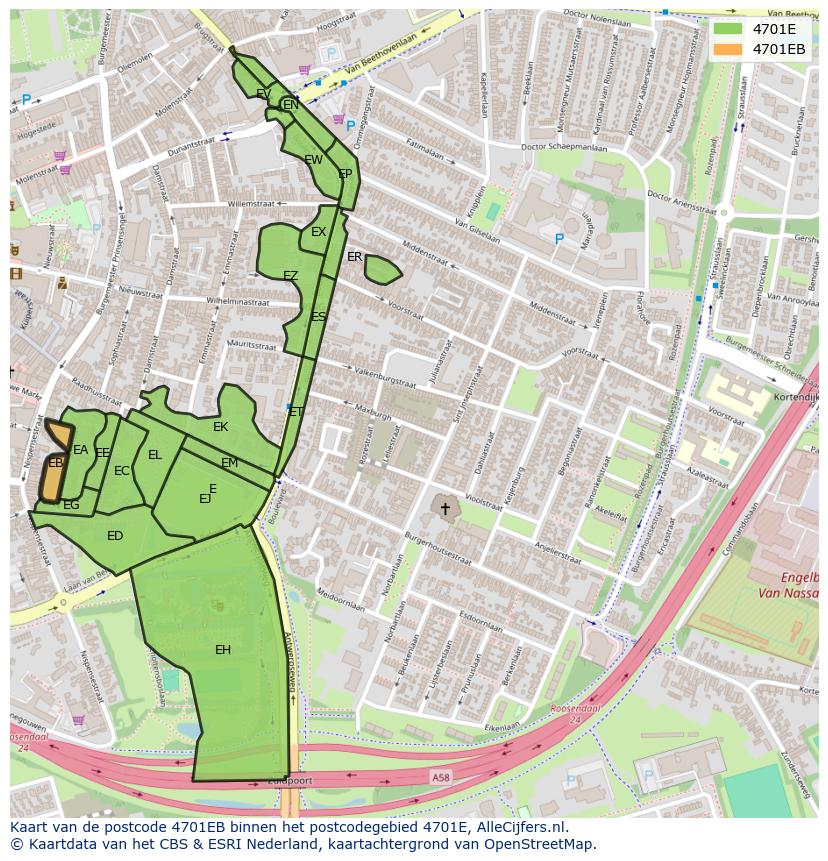 Afbeelding van het postcodegebied 4701 EB op de kaart.