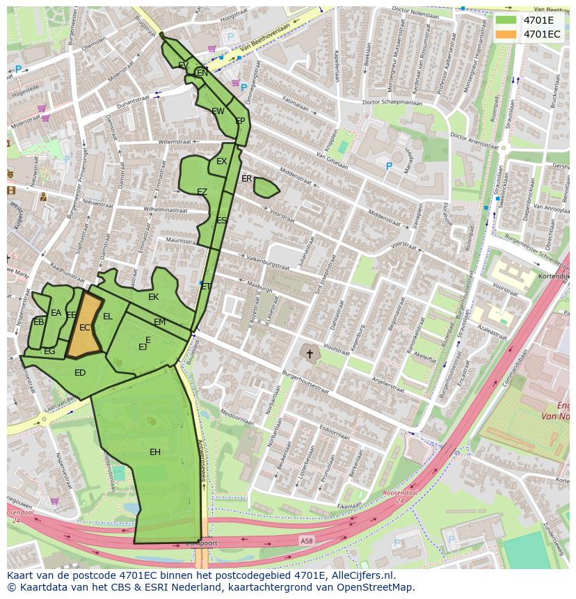 Afbeelding van het postcodegebied 4701 EC op de kaart.