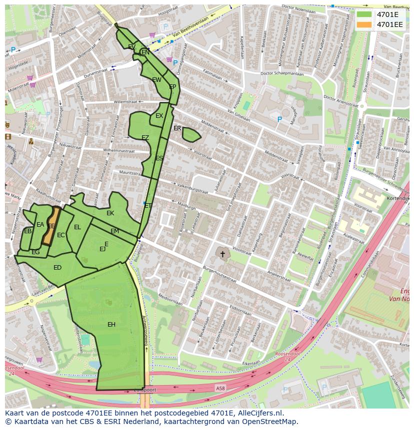 Afbeelding van het postcodegebied 4701 EE op de kaart.