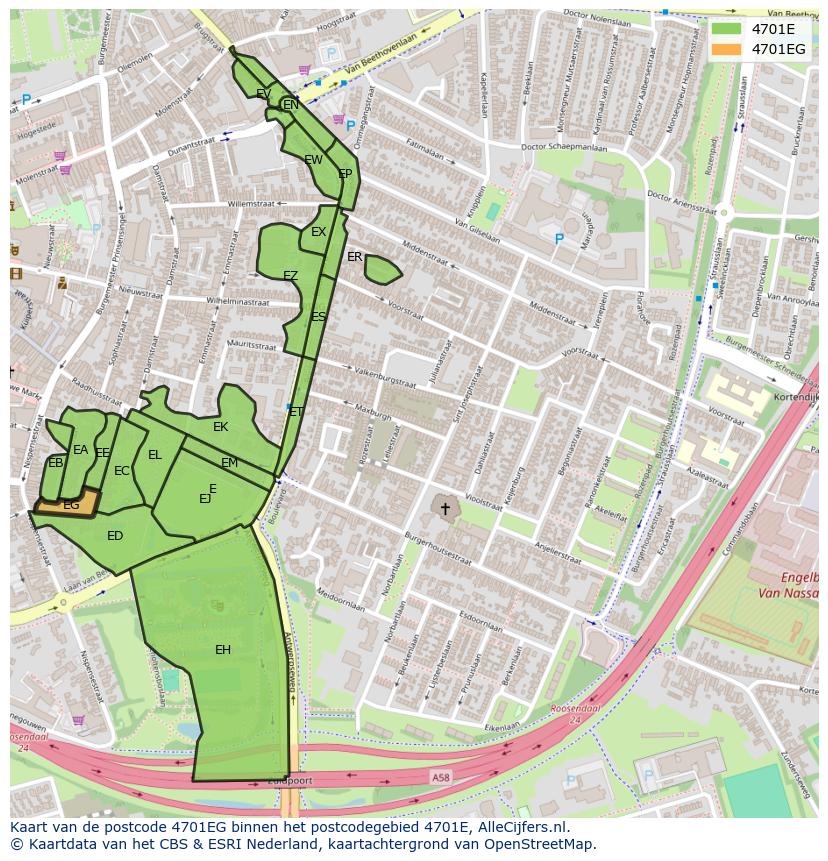 Afbeelding van het postcodegebied 4701 EG op de kaart.