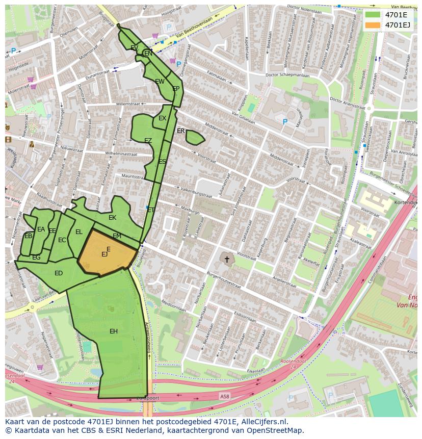 Afbeelding van het postcodegebied 4701 EJ op de kaart.
