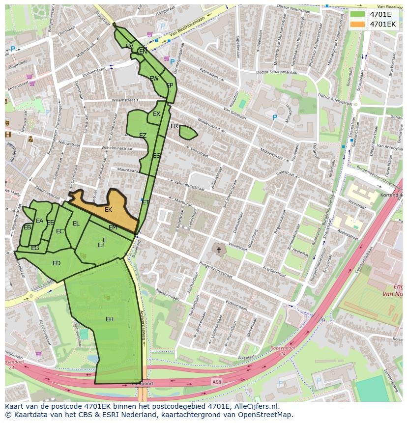 Afbeelding van het postcodegebied 4701 EK op de kaart.