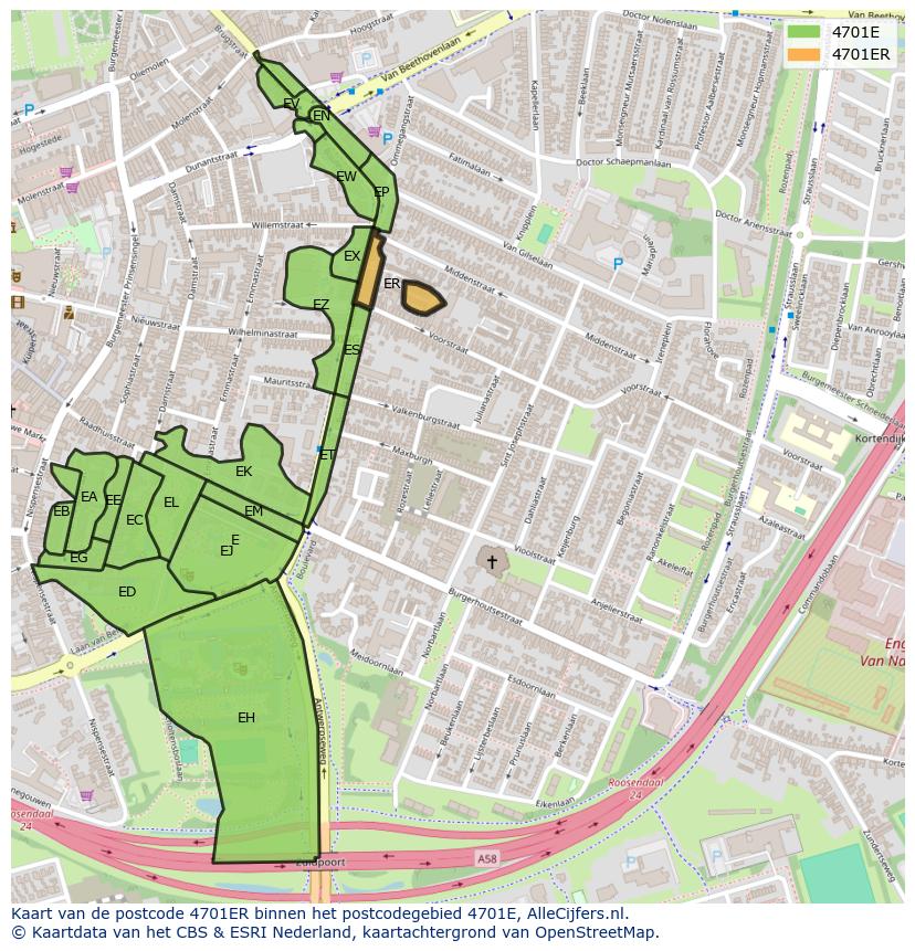 Afbeelding van het postcodegebied 4701 ER op de kaart.