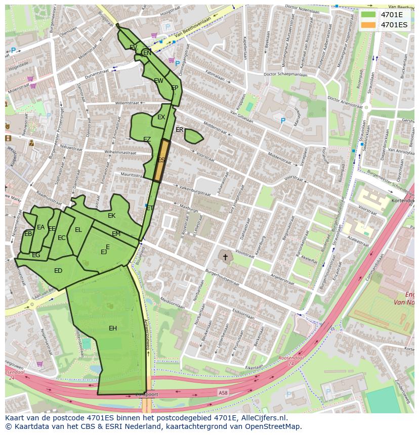 Afbeelding van het postcodegebied 4701 ES op de kaart.