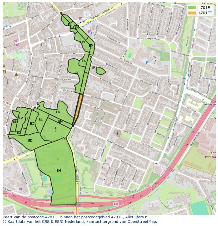 Afbeelding van het postcodegebied 4701 ET op de kaart.