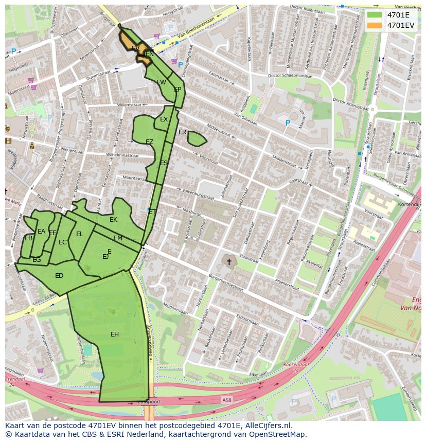 Afbeelding van het postcodegebied 4701 EV op de kaart.