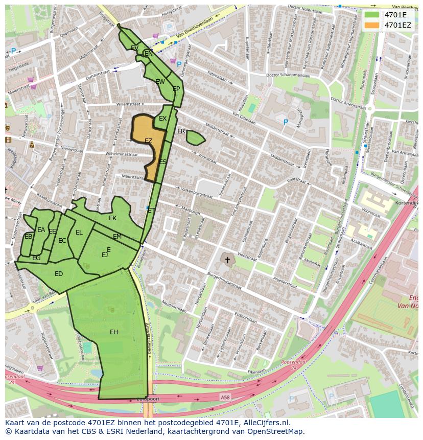 Afbeelding van het postcodegebied 4701 EZ op de kaart.