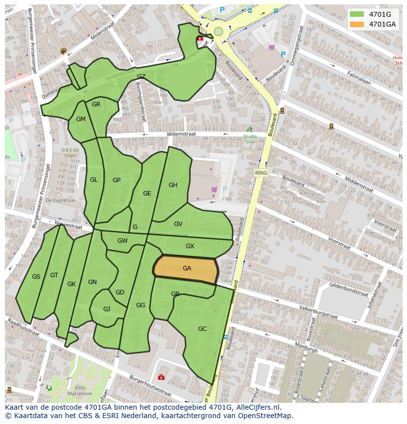 Afbeelding van het postcodegebied 4701 GA op de kaart.