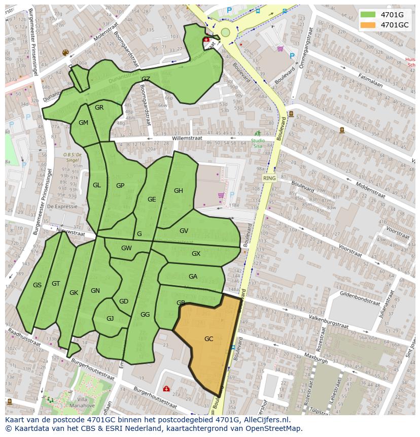Afbeelding van het postcodegebied 4701 GC op de kaart.