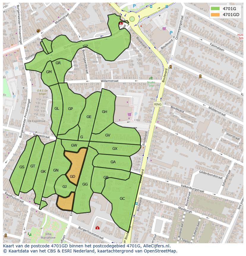 Afbeelding van het postcodegebied 4701 GD op de kaart.