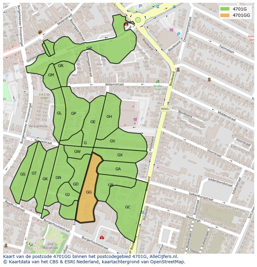 Afbeelding van het postcodegebied 4701 GG op de kaart.