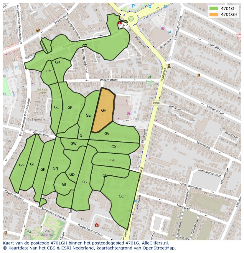 Afbeelding van het postcodegebied 4701 GH op de kaart.