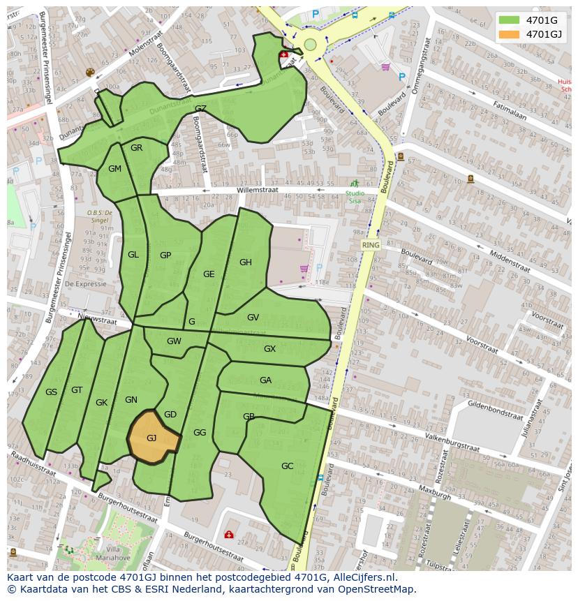 Afbeelding van het postcodegebied 4701 GJ op de kaart.