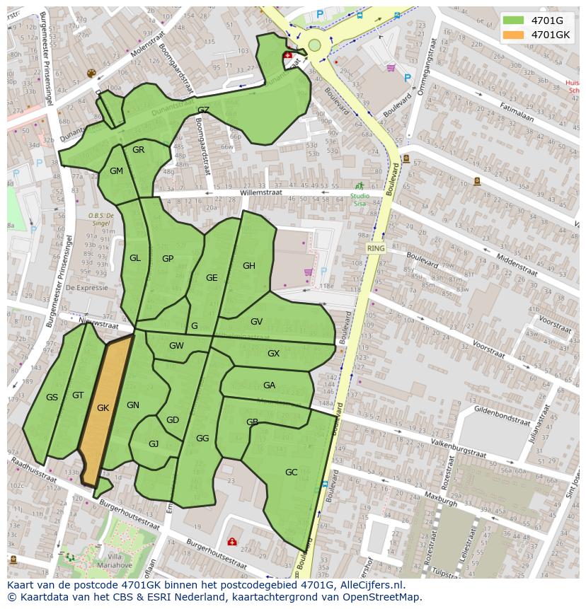 Afbeelding van het postcodegebied 4701 GK op de kaart.