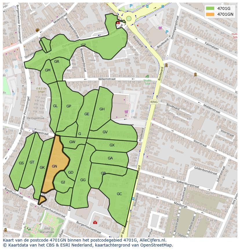 Afbeelding van het postcodegebied 4701 GN op de kaart.
