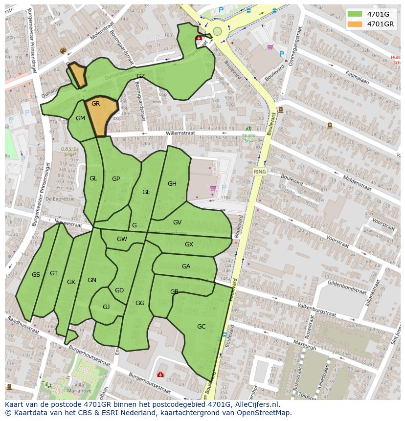 Afbeelding van het postcodegebied 4701 GR op de kaart.