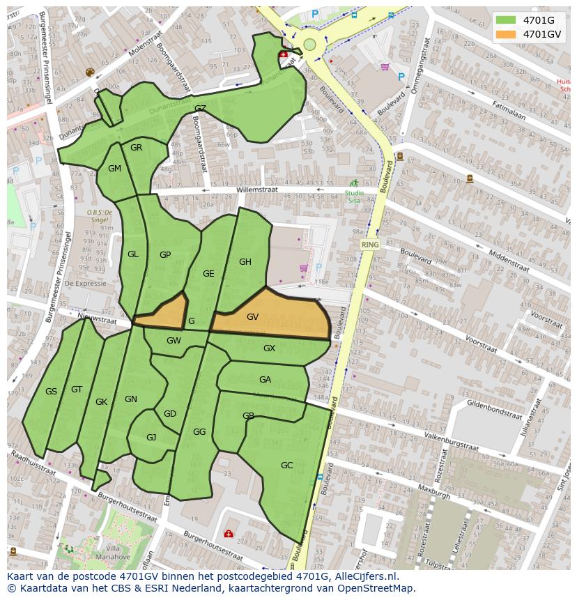Afbeelding van het postcodegebied 4701 GV op de kaart.