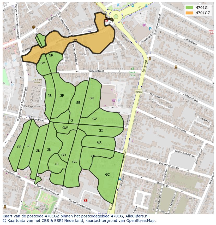 Afbeelding van het postcodegebied 4701 GZ op de kaart.