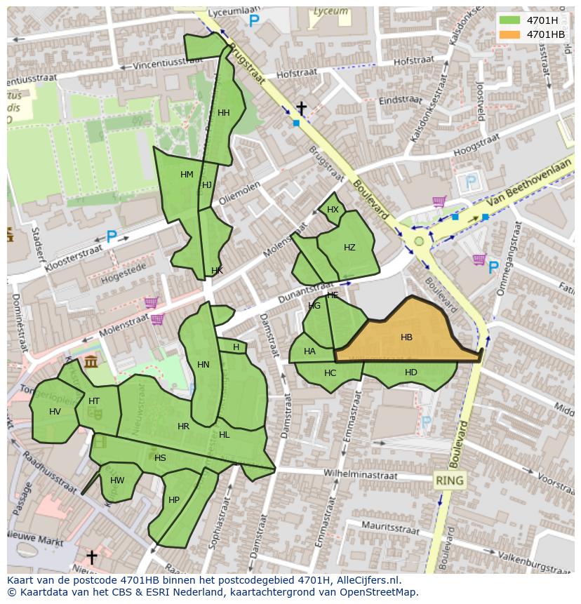 Afbeelding van het postcodegebied 4701 HB op de kaart.