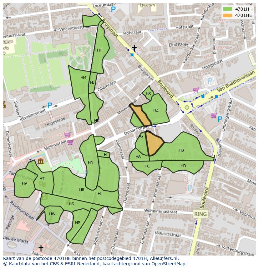 Afbeelding van het postcodegebied 4701 HE op de kaart.