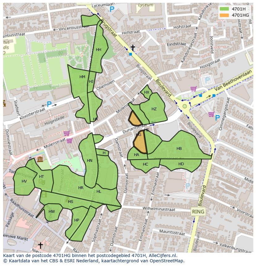 Afbeelding van het postcodegebied 4701 HG op de kaart.