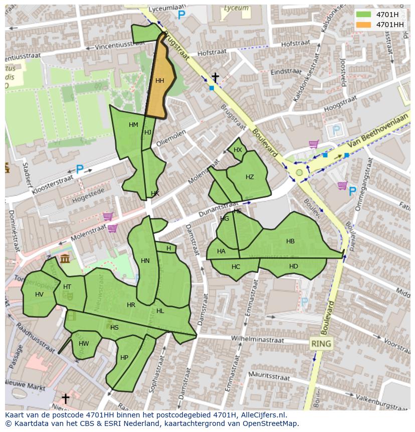 Afbeelding van het postcodegebied 4701 HH op de kaart.