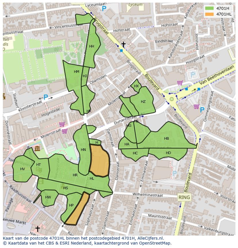 Afbeelding van het postcodegebied 4701 HL op de kaart.