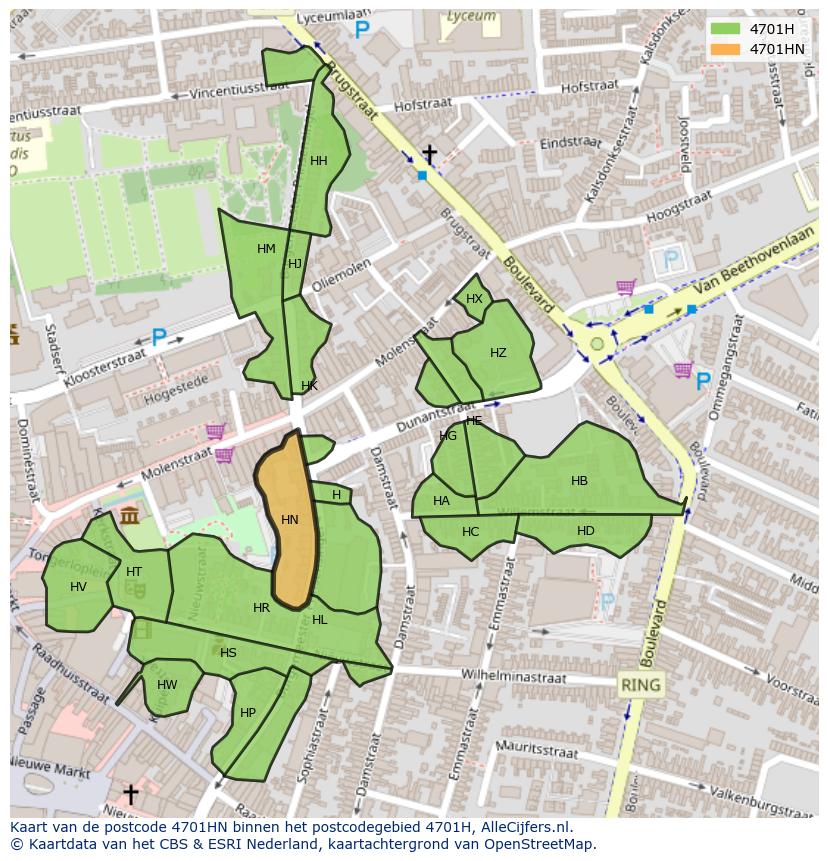 Afbeelding van het postcodegebied 4701 HN op de kaart.
