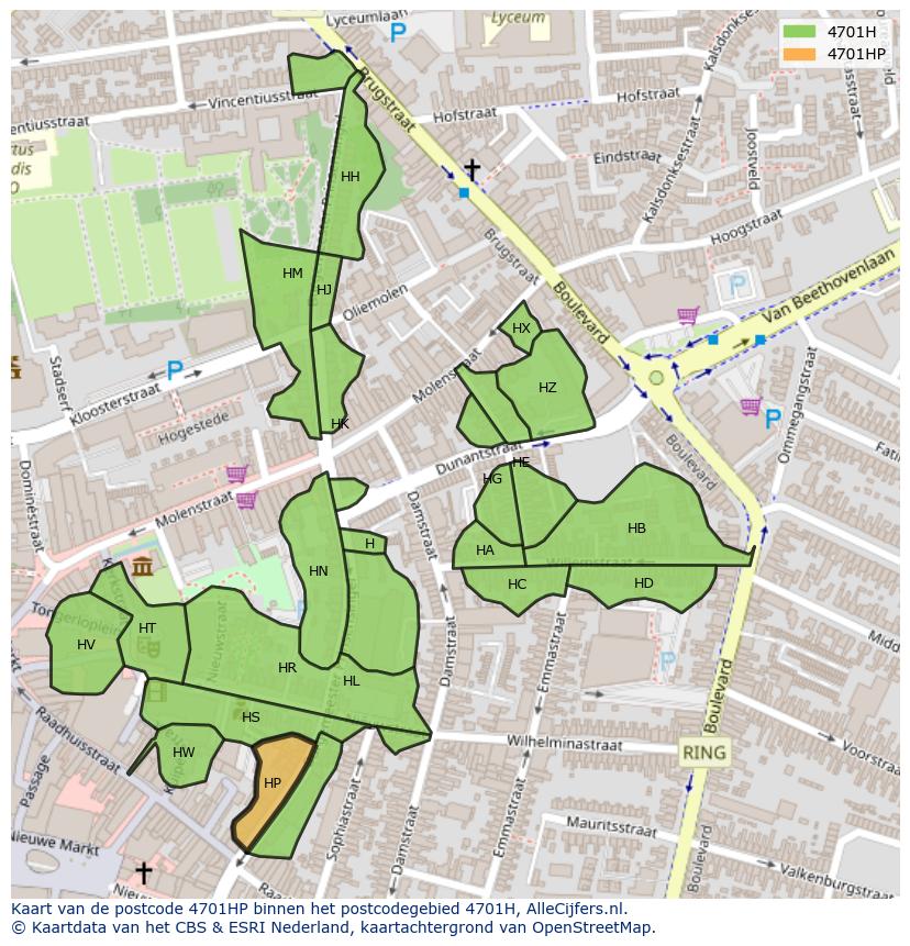 Afbeelding van het postcodegebied 4701 HP op de kaart.