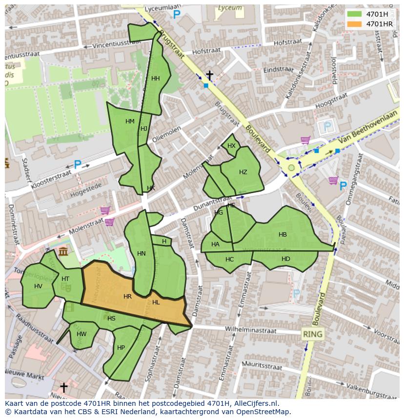 Afbeelding van het postcodegebied 4701 HR op de kaart.
