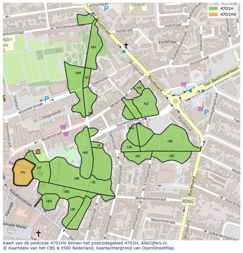 Afbeelding van het postcodegebied 4701 HV op de kaart.