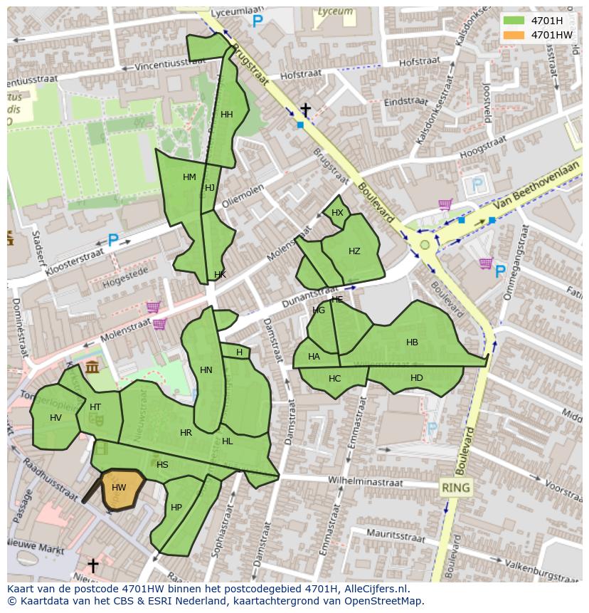 Afbeelding van het postcodegebied 4701 HW op de kaart.