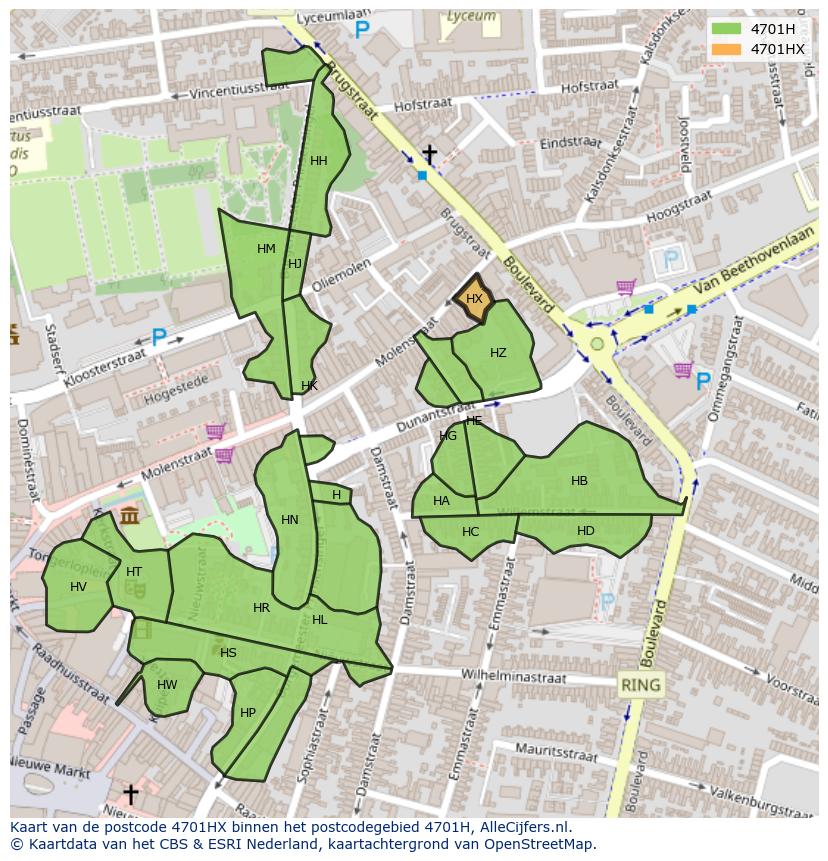 Afbeelding van het postcodegebied 4701 HX op de kaart.