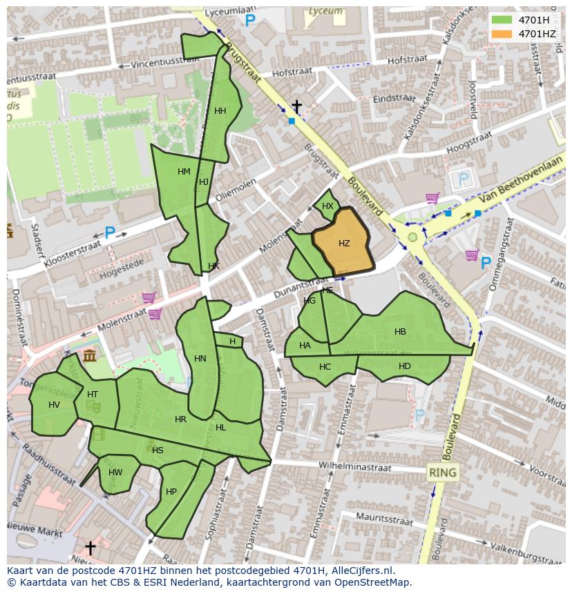 Afbeelding van het postcodegebied 4701 HZ op de kaart.