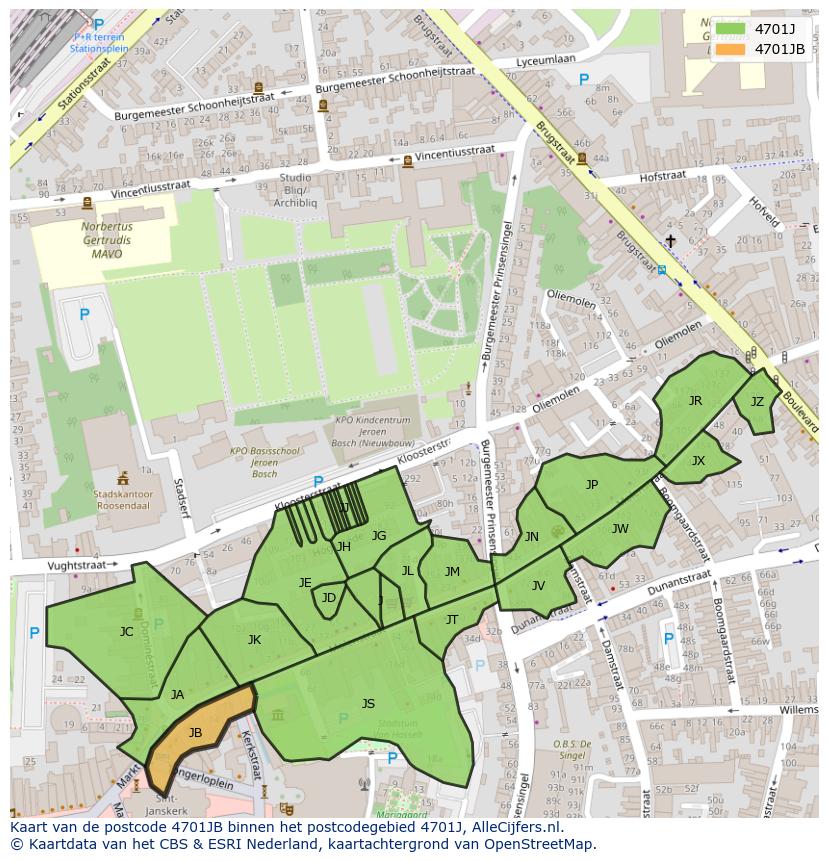 Afbeelding van het postcodegebied 4701 JB op de kaart.