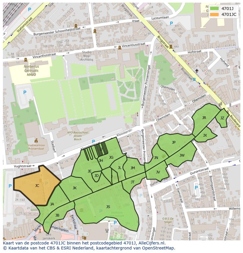 Afbeelding van het postcodegebied 4701 JC op de kaart.