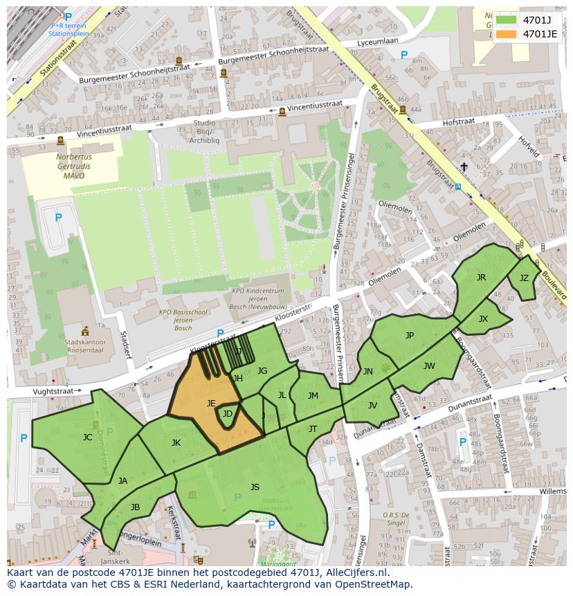 Afbeelding van het postcodegebied 4701 JE op de kaart.