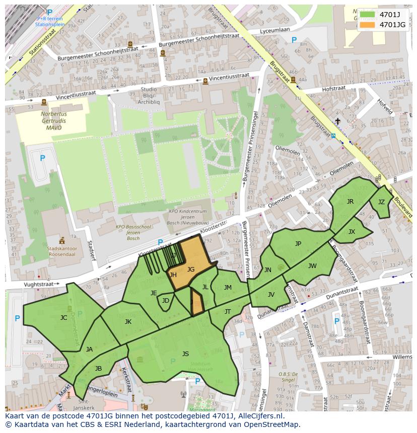 Afbeelding van het postcodegebied 4701 JG op de kaart.